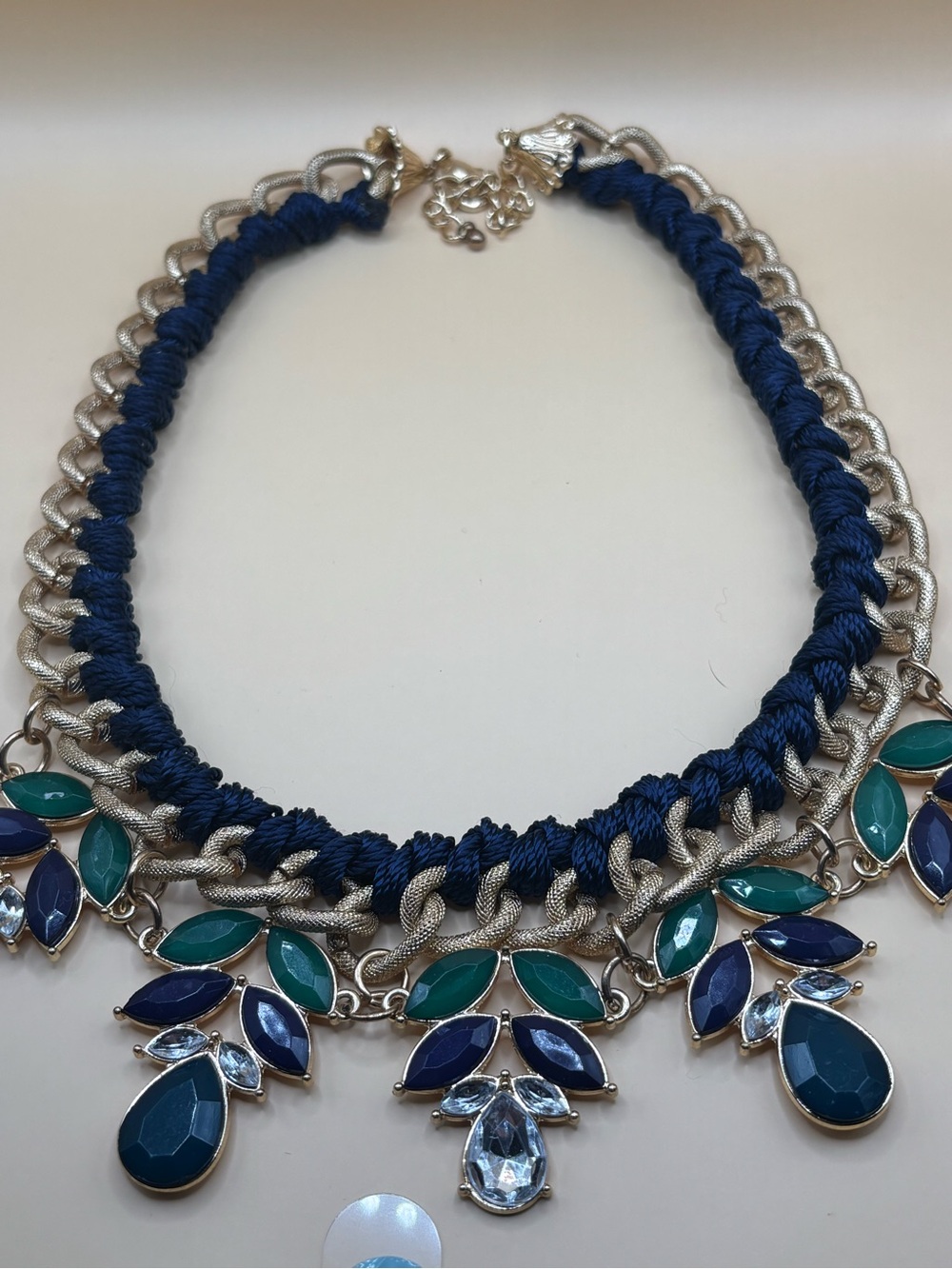 Gold tone Navy and Teal Crystal Chain Statement Necklace
